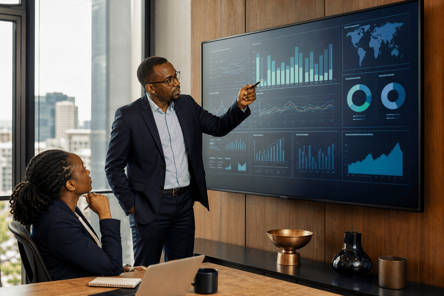 Manager and analyst reviewing a management dashboard