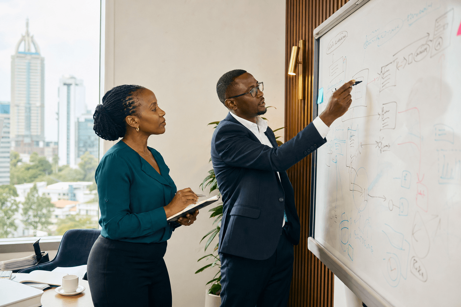 Consultants reviewing a workflow on a whiteboard